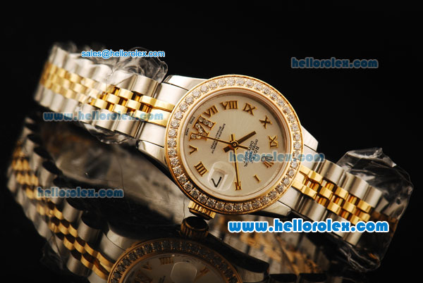 Rolex Datejust Automatic Movement ETA Coating Case with Gold Roman Numerals and Diamond Bezel - Click Image to Close